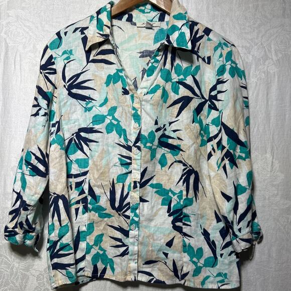 JM Collection Tops - JM Collection 100% Linen Shirt 16 White Blue Floral Tropical Button Up Boxy Tie